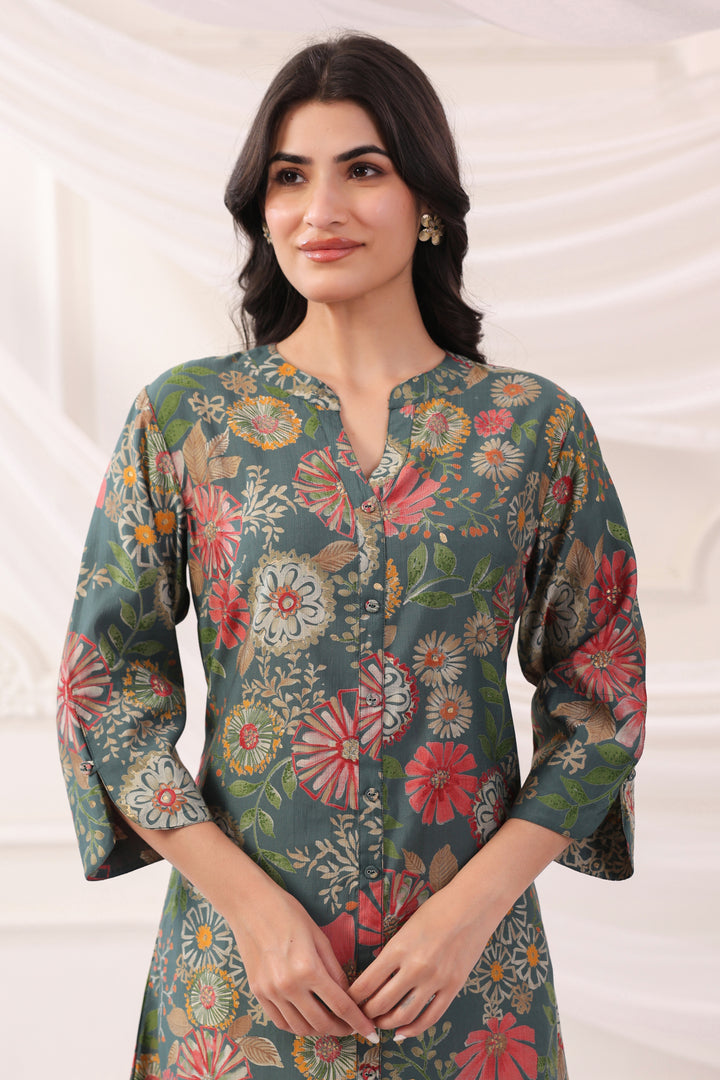 Green Poly Silk Floral Printed A-Line Kurta