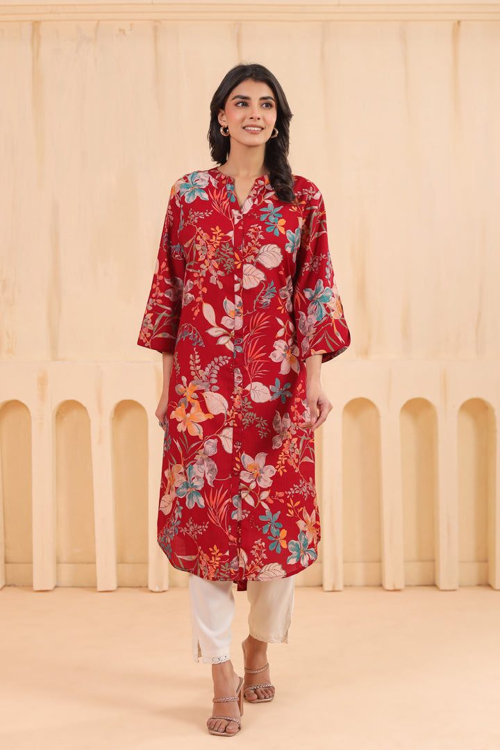 Maroon Poly Silk Floral Printed Kurta