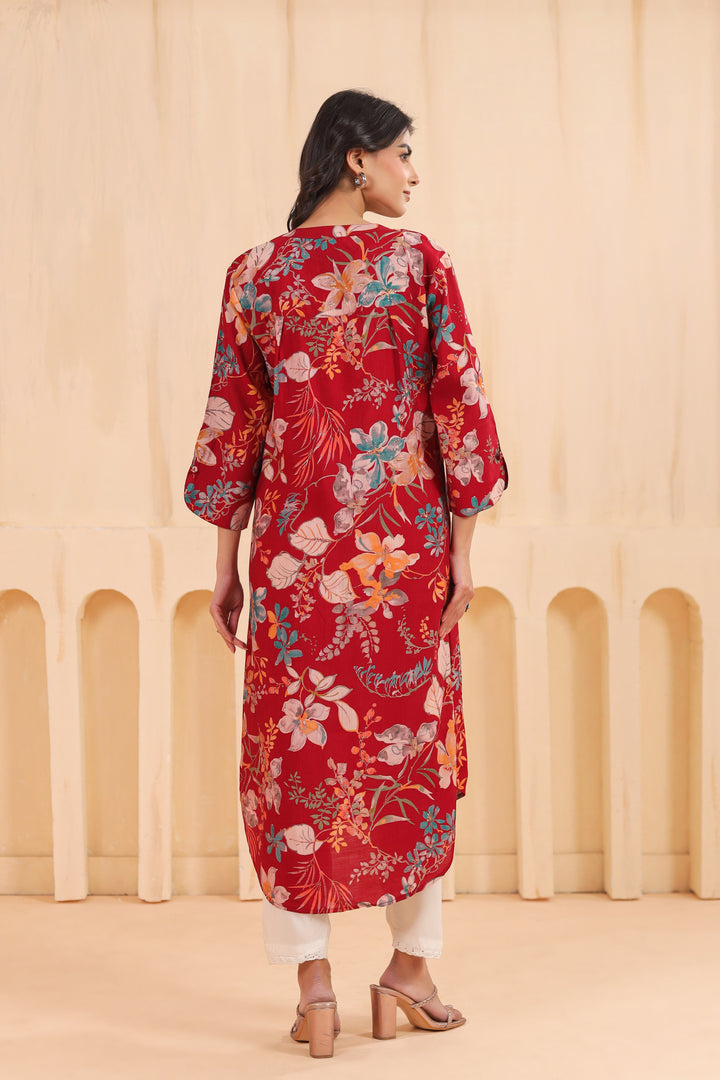 Maroon Poly Silk Floral Printed Kurta