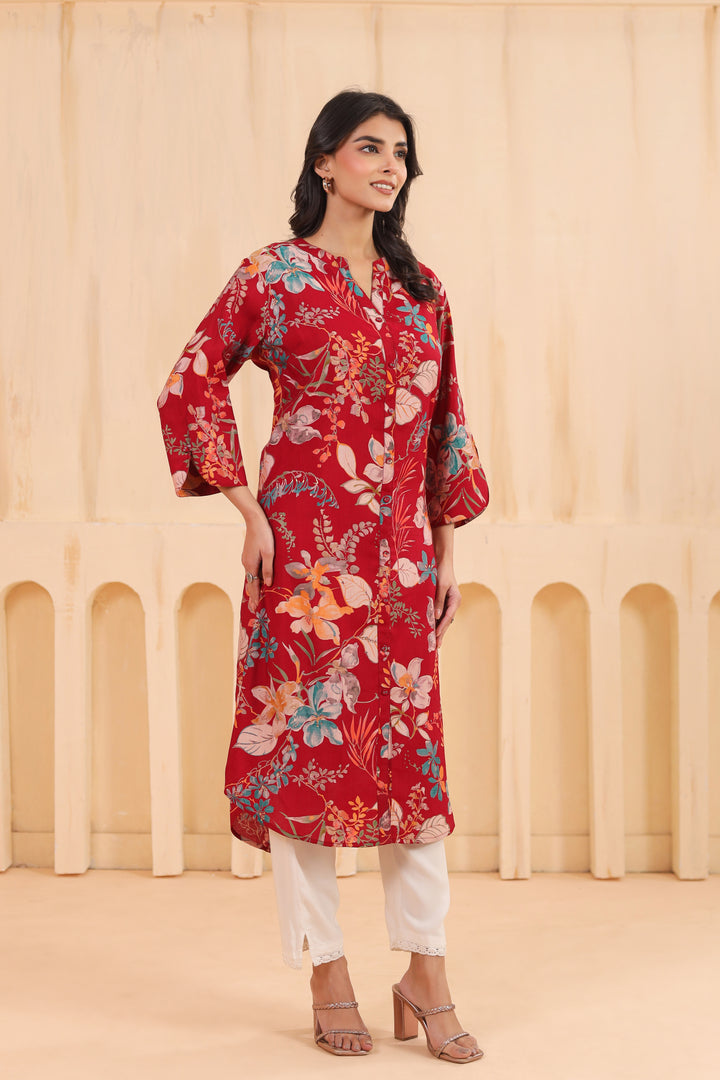 Maroon Poly Silk Floral Printed Kurta