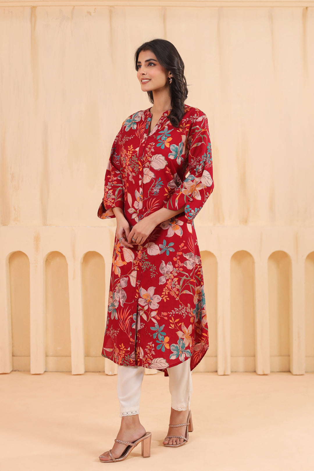 Maroon Poly Silk Floral Printed Kurta