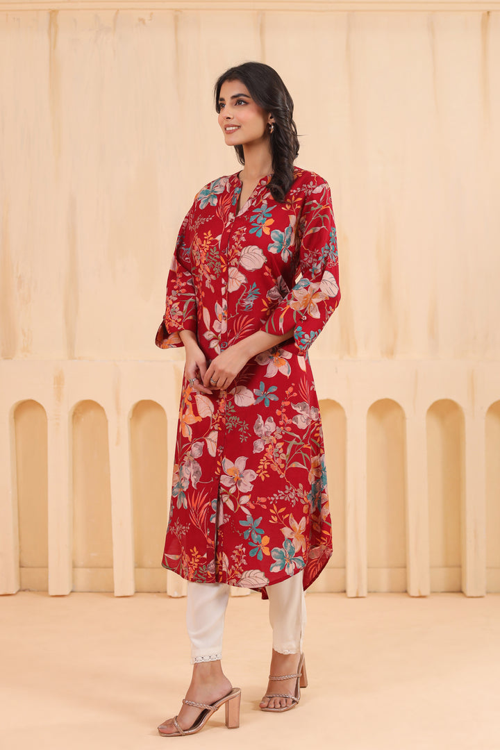 Maroon Poly Silk Floral Printed Kurta
