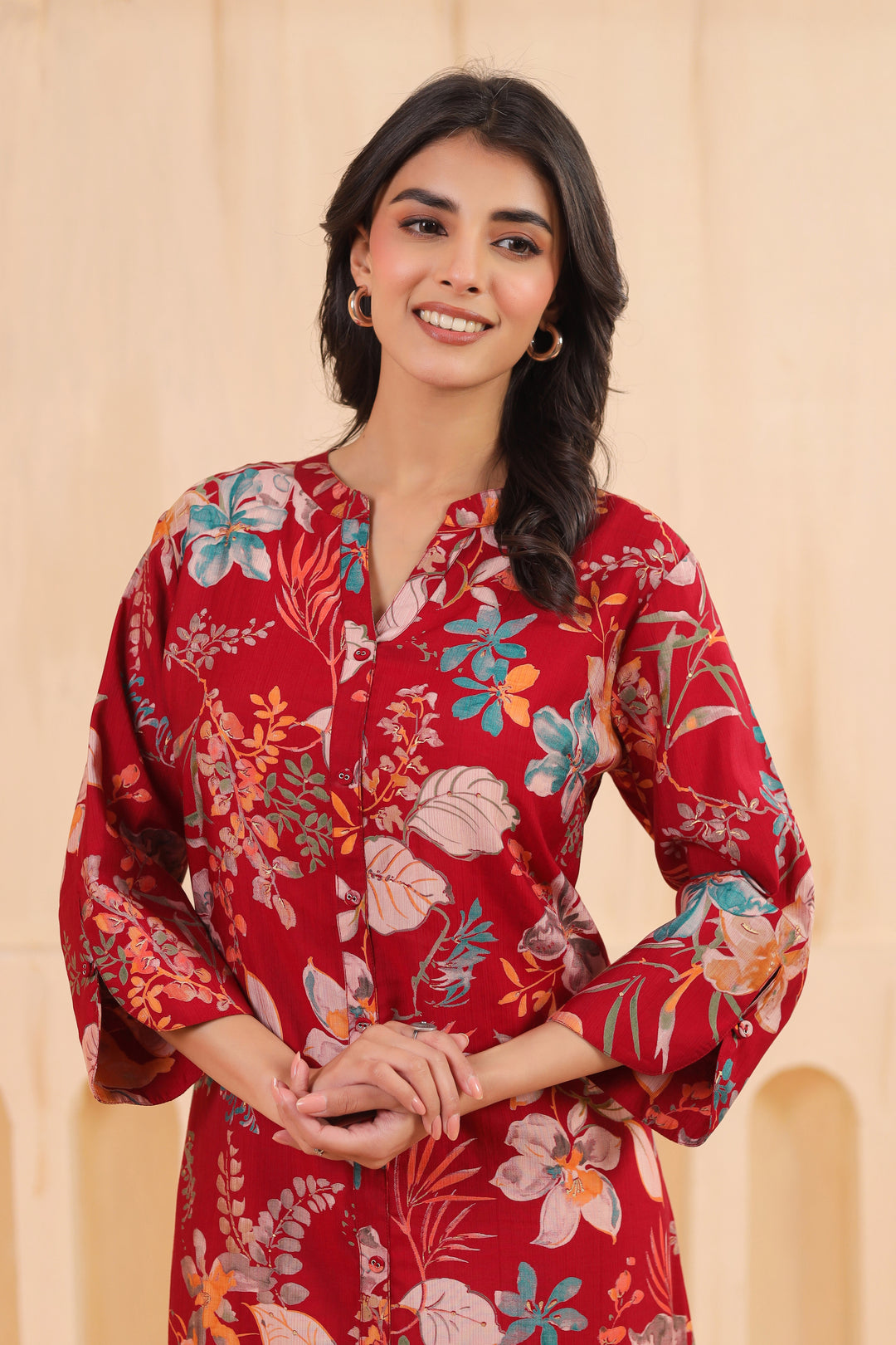 Maroon Poly Silk Floral Printed Kurta