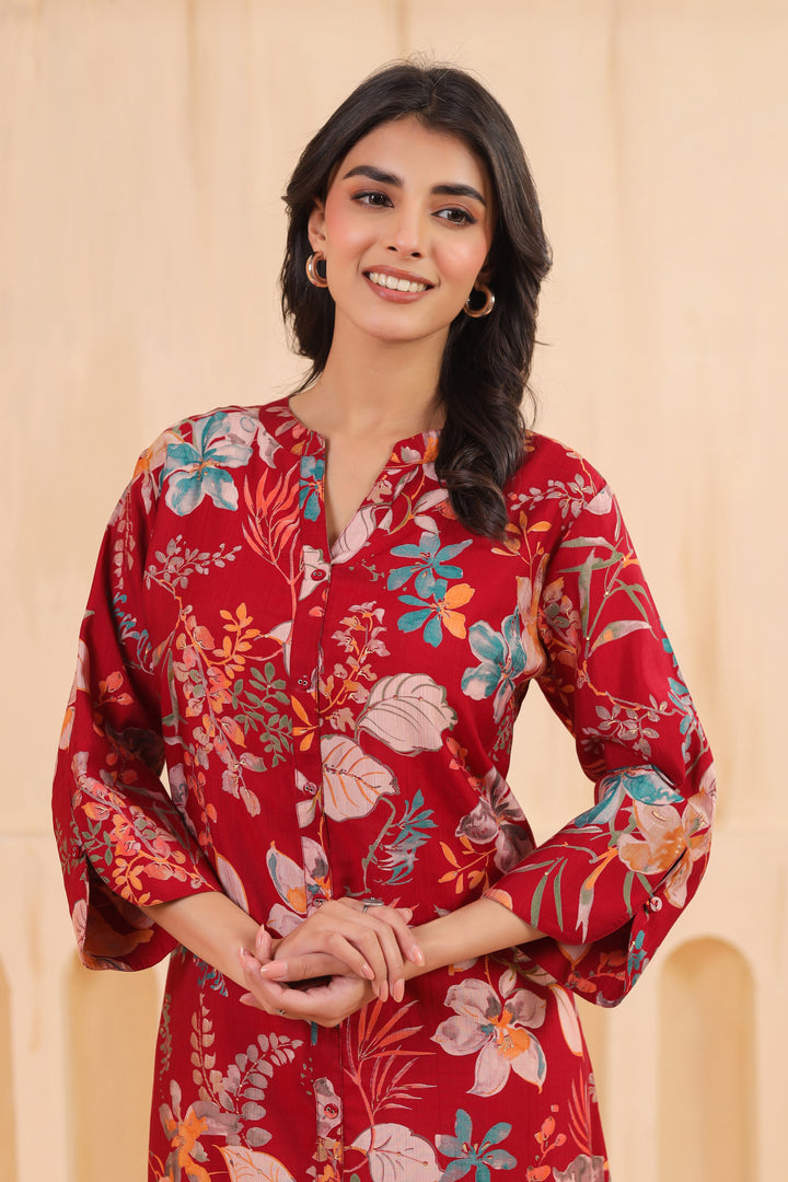 Maroon Poly Silk Floral Printed Kurta