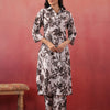 White & Black Polyester Floral Printed Kurta Pant Set