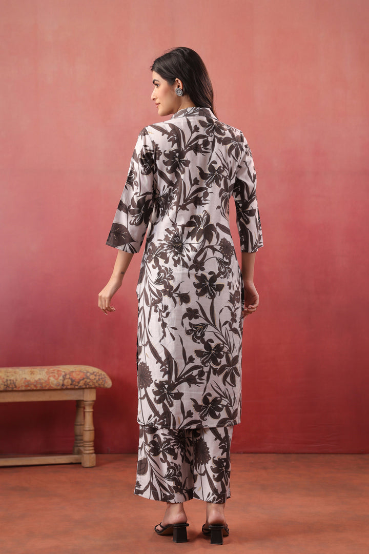 White & Black Polyester Floral Printed Kurta Pant Set