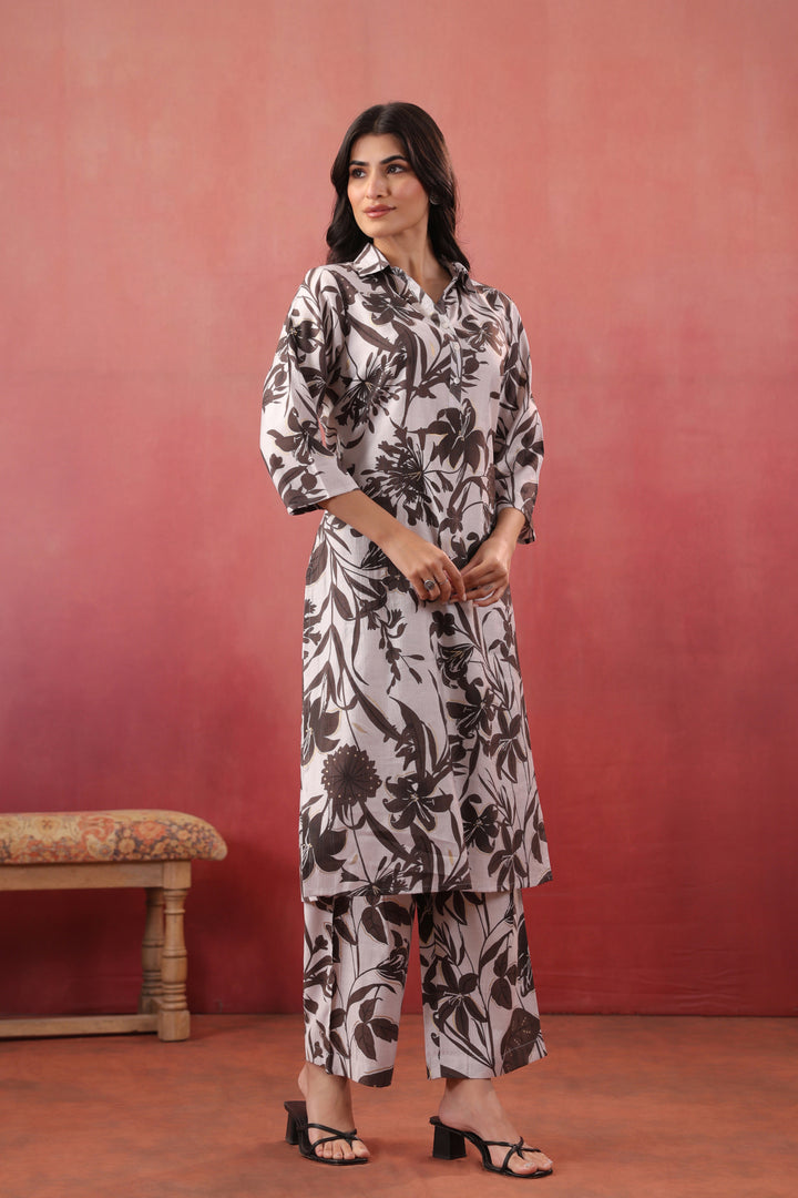 White & Black Polyester Floral Printed Kurta Pant Set