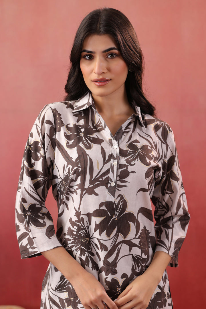 White & Black Polyester Floral Printed Kurta Pant Set