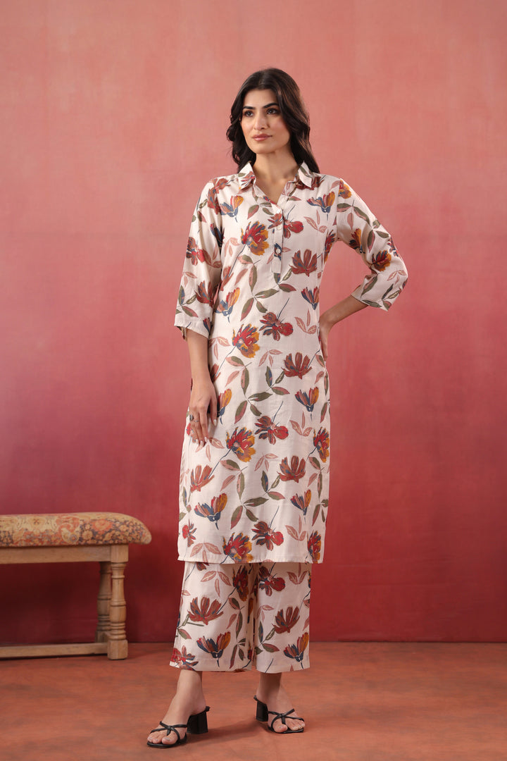 Multicolor Polyester Floral Printed Kurta Pant Set