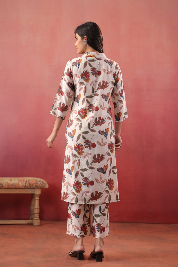 Multicolor Polyester Floral Printed Kurta Pant Set
