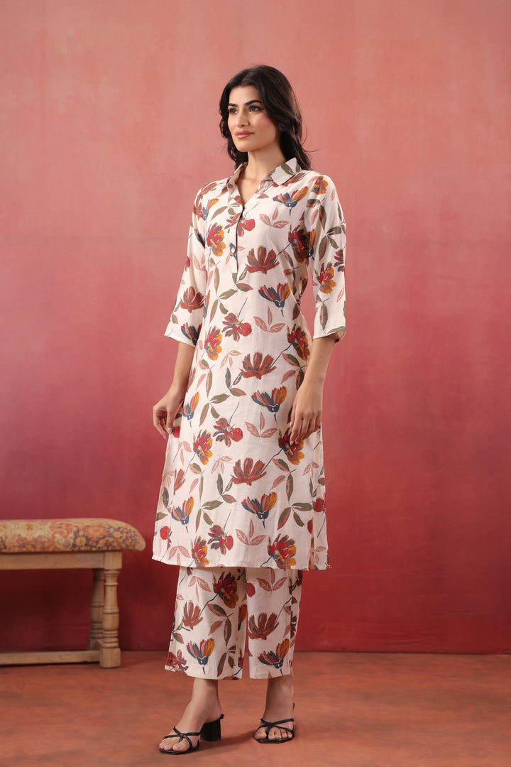 Multicolor Polyester Floral Printed Kurta Pant Set
