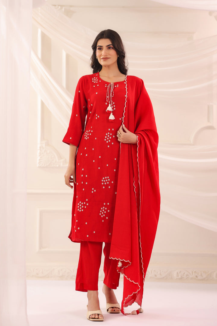 Red Poly Silk Embroidered Designer Kurta Pant With Dupatta Set