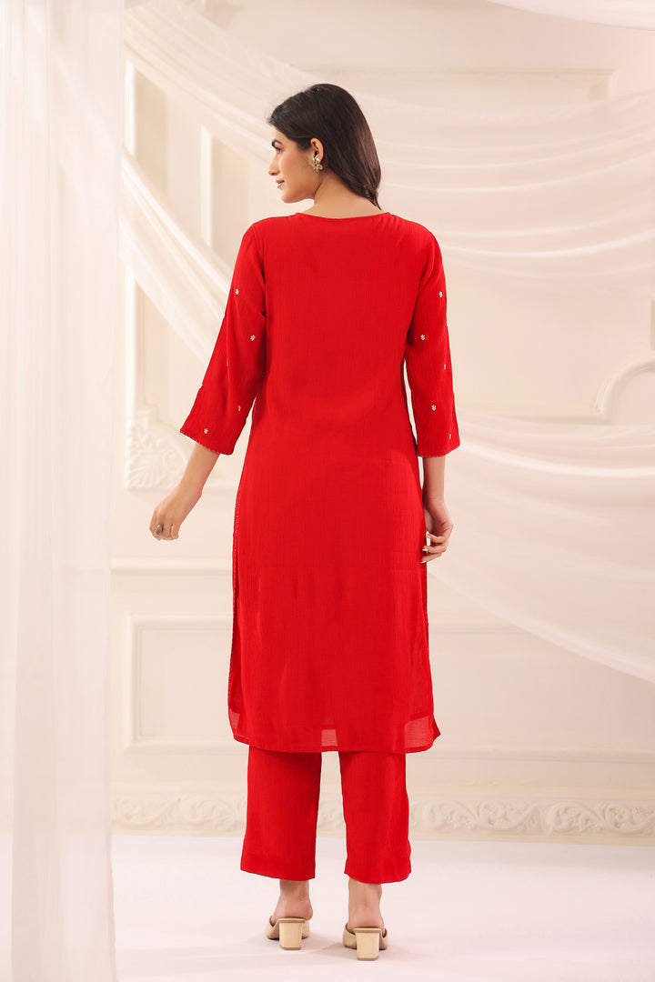 Red Poly Silk Embroidered Designer Kurta Pant With Dupatta Set
