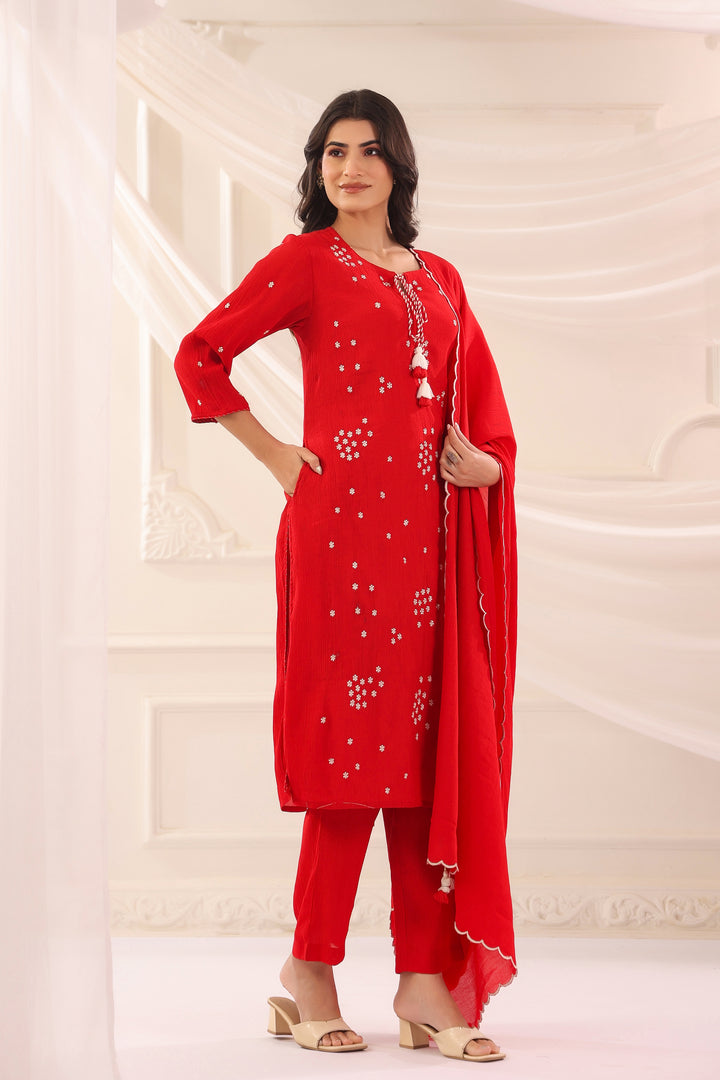 Red Poly Silk Embroidered Designer Kurta Pant With Dupatta Set