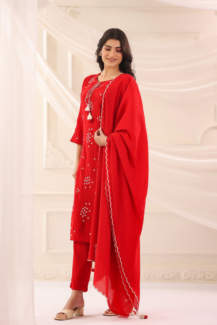 Red Poly Silk Embroidered Designer Kurta Pant With Dupatta Set