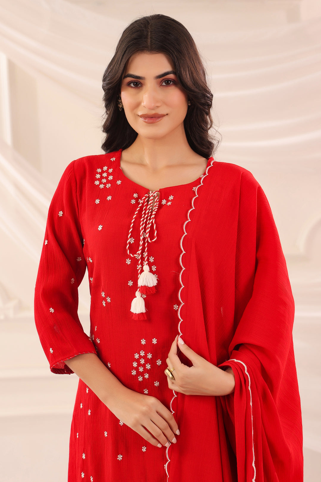 Red Poly Silk Embroidered Designer Kurta Pant With Dupatta Set