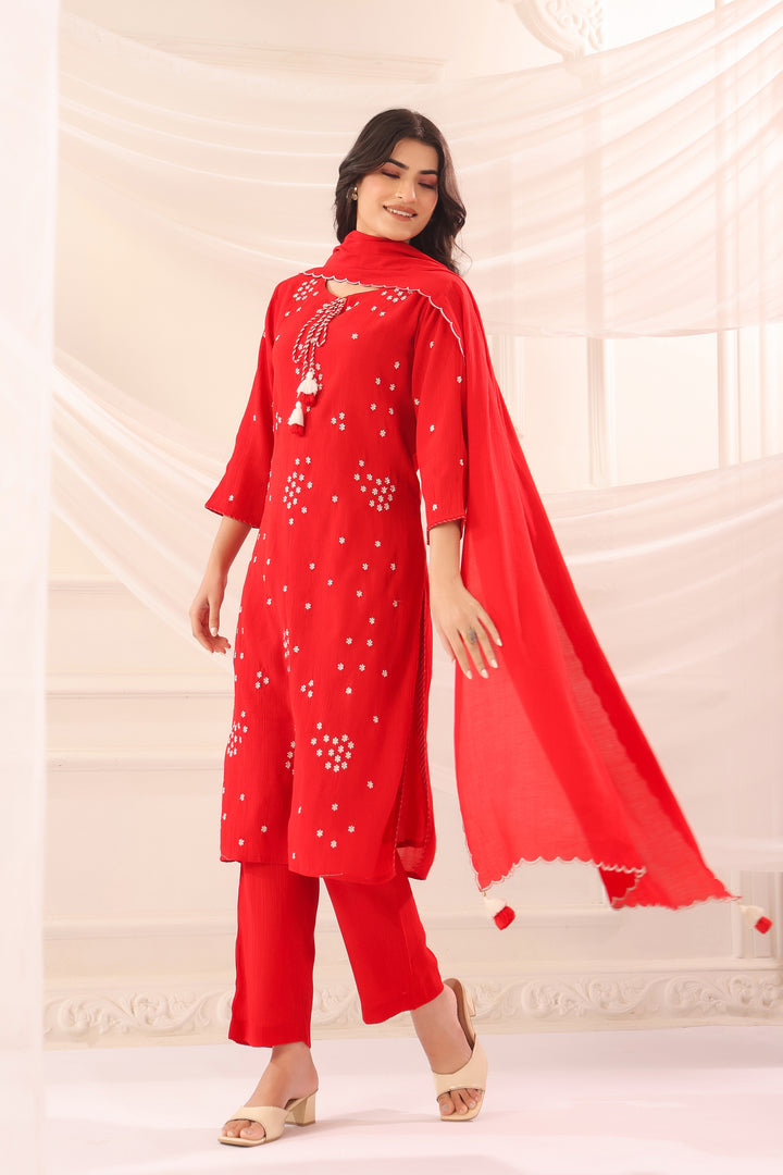 Red Poly Silk Embroidered Designer Kurta Pant With Dupatta Set