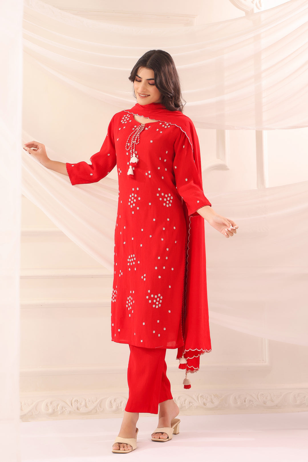 Red Poly Silk Embroidered Designer Kurta Pant With Dupatta Set
