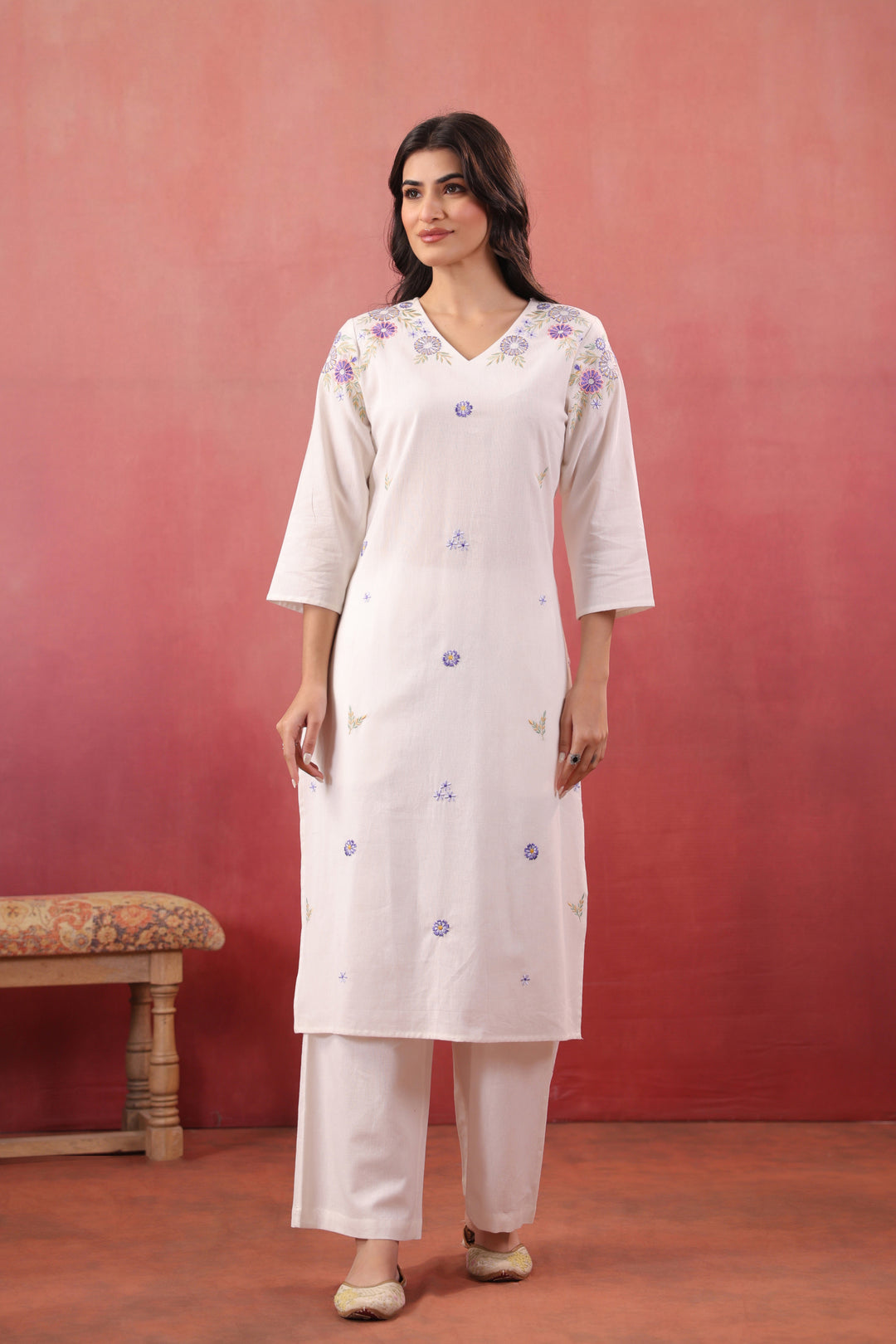 Off White Cotton Flex Embroidered Kurta Pant Set
