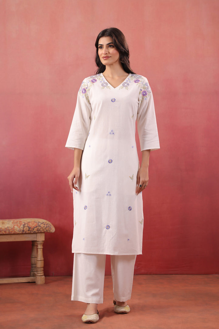 Off White Cotton Flex Embroidered Kurta Pant Set