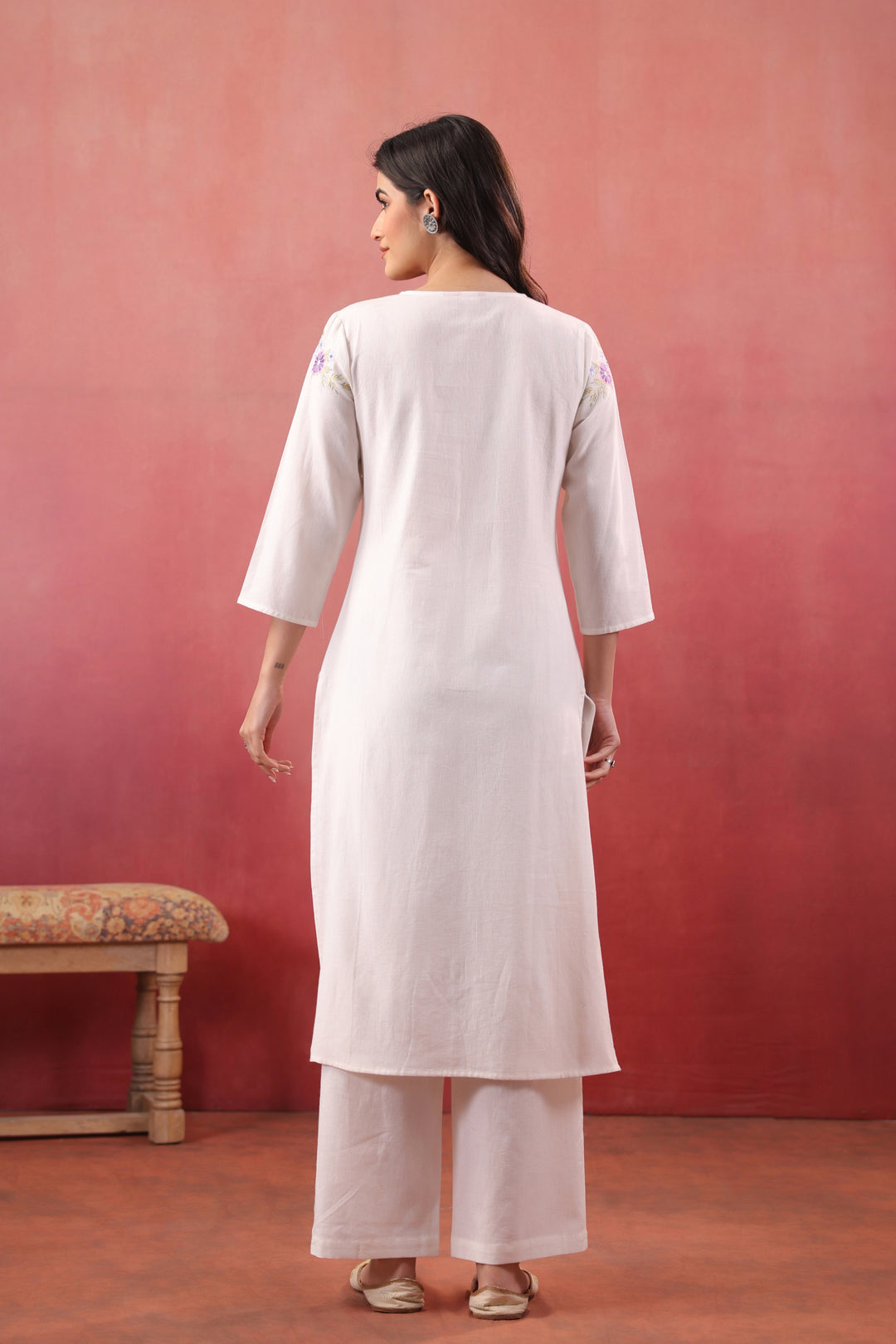 Off White Cotton Flex Embroidered Kurta Pant Set