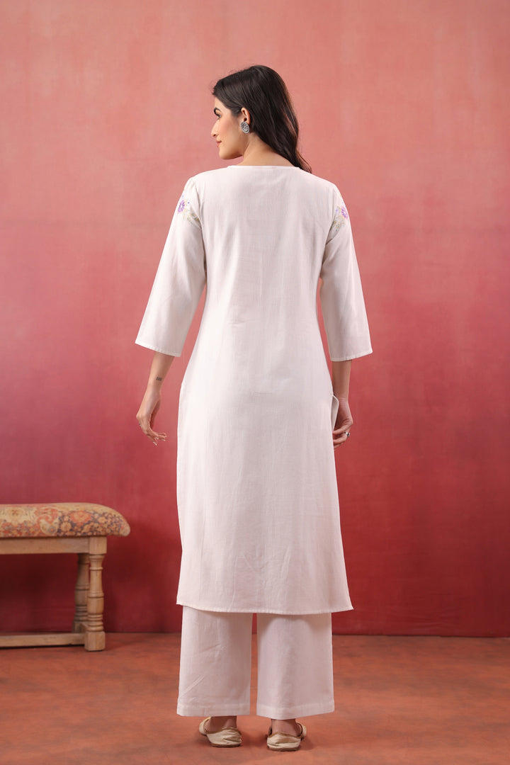 Off White Cotton Flex Embroidered Kurta Pant Set