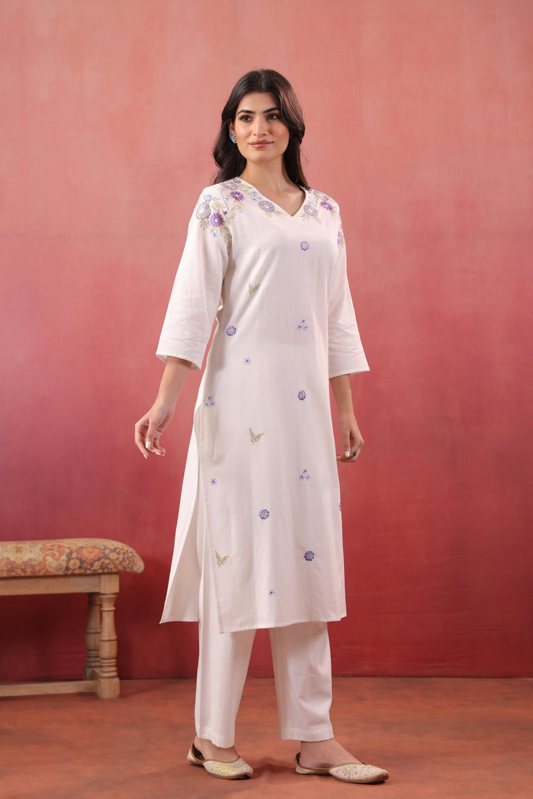 Off White Cotton Flex Embroidered Kurta Pant Set