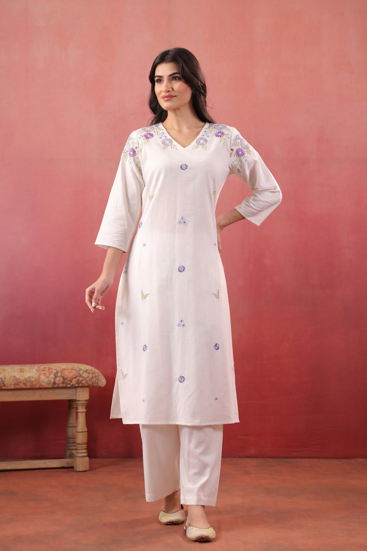 Off White Cotton Flex Embroidered Kurta Pant Set