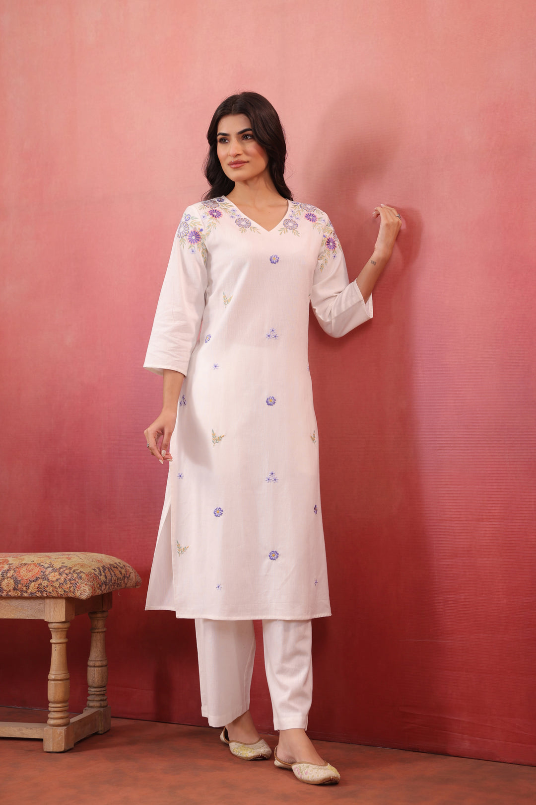 Off White Cotton Flex Embroidered Kurta Pant Set