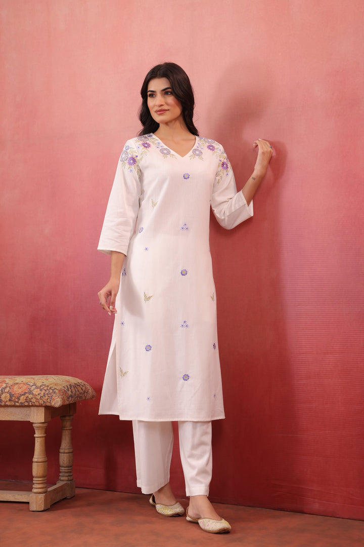 Off White Cotton Flex Embroidered Kurta Pant Set