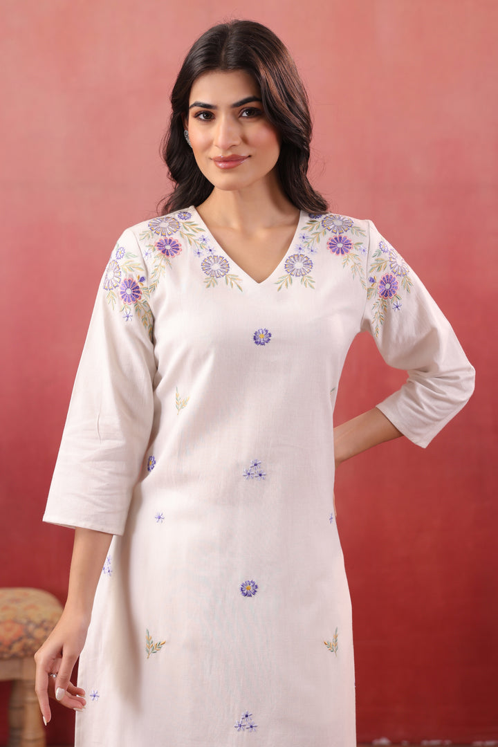 Off White Cotton Flex Embroidered Kurta Pant Set