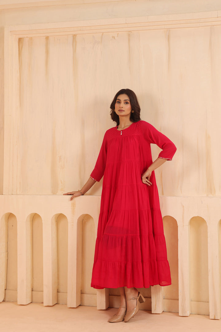 Pink Mal Chanderi Flared Floor Length Dress