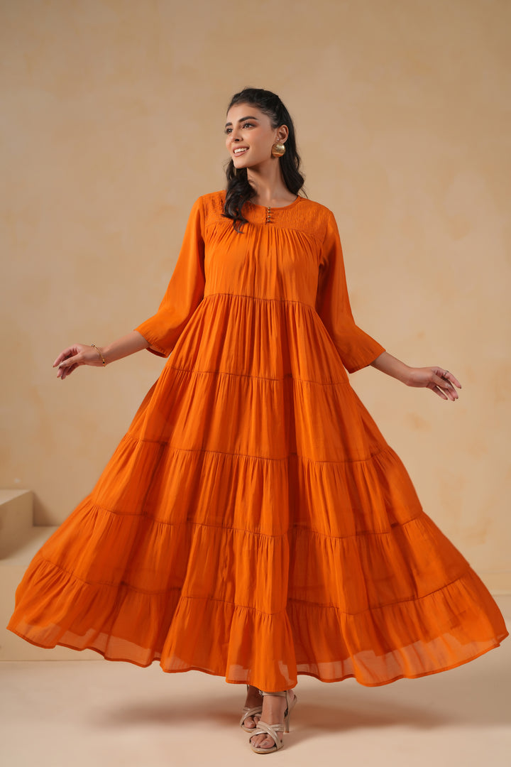 Poly Silk Orange Flared Designer Dress