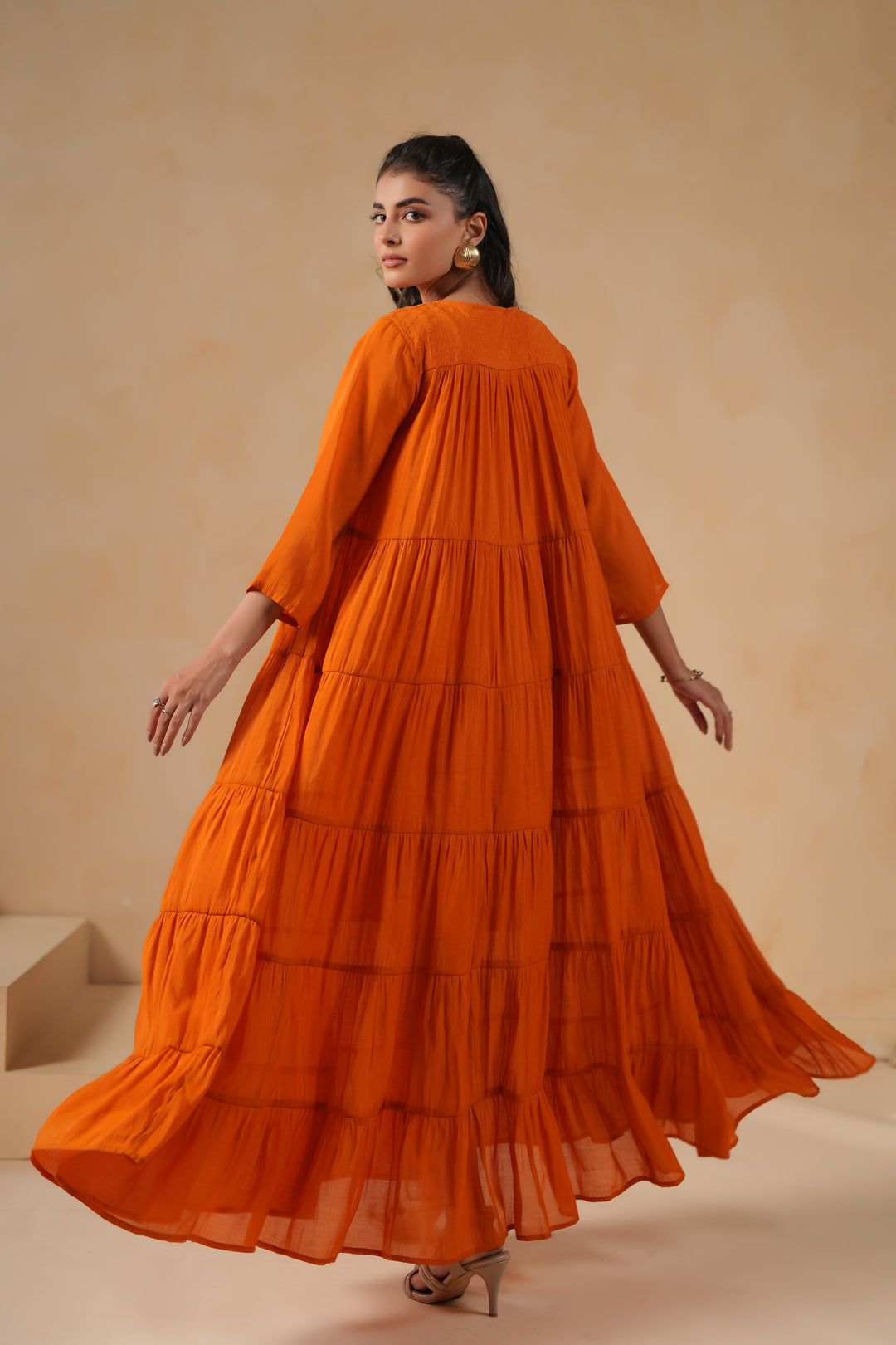 Poly Silk Orange Flared Designer Dress