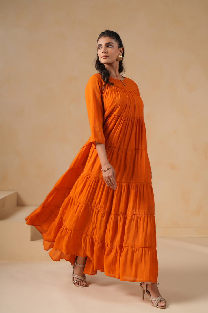 Poly Silk Orange Flared Designer Dress