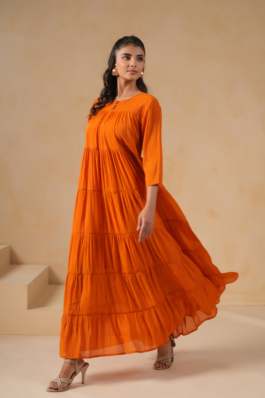Poly Silk Orange Flared Designer Dress