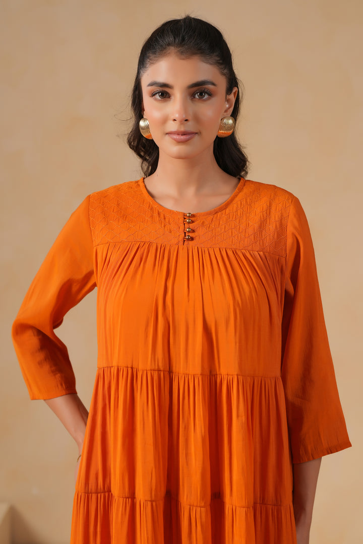 Poly Silk Orange Flared Designer Dress