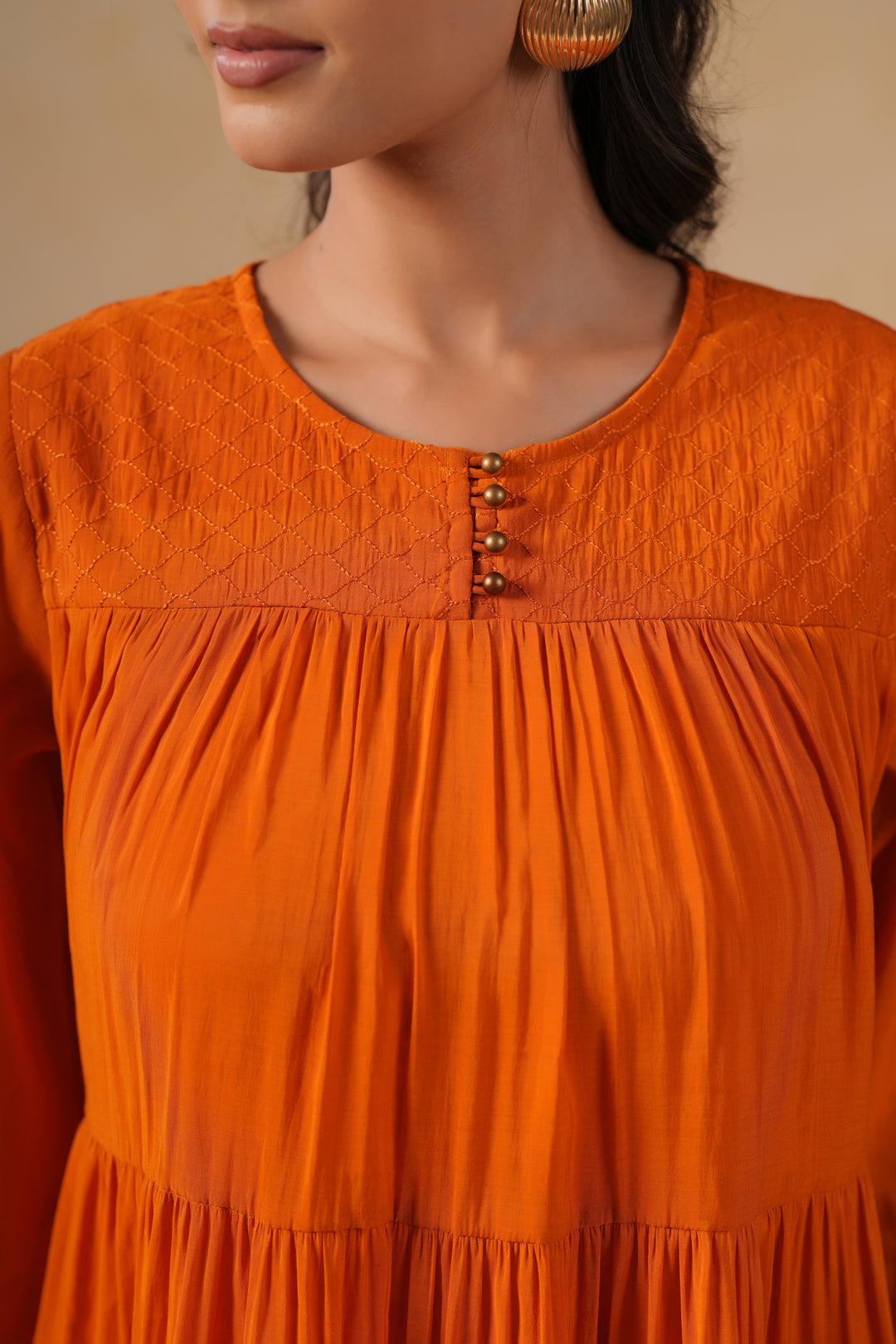 Poly Silk Orange Flared Designer Dress