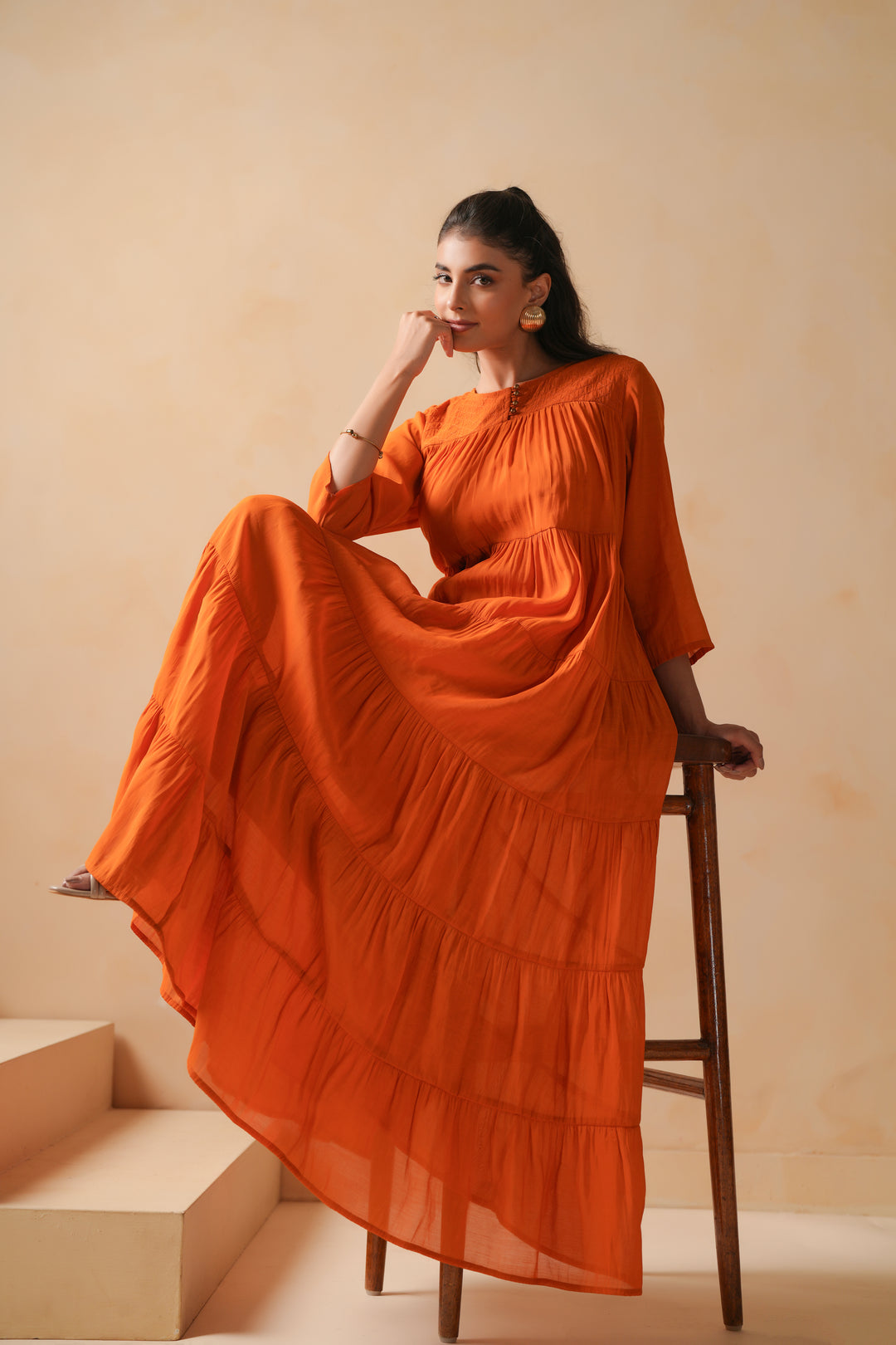 Poly Silk Orange Flared Designer Dress