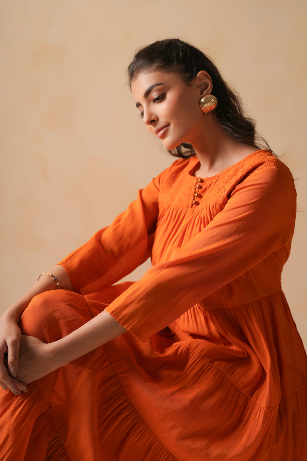 Poly Silk Orange Flared Designer Dress