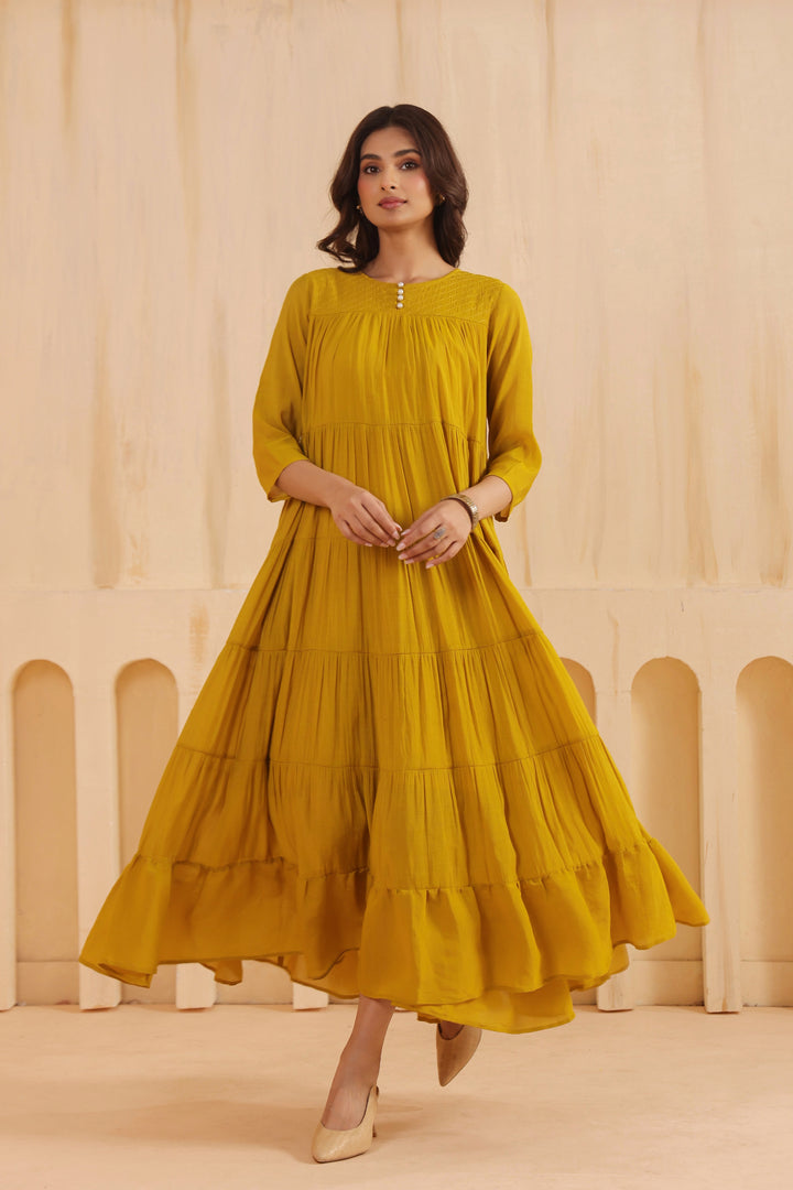 Mustard Mal Chanderi Embroidered Flared Long Dress
