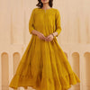 Mustard Mal Chanderi Embroidered Flared Long Dress