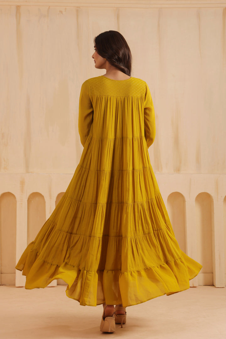 Mustard Mal Chanderi Embroidered Flared Long Dress