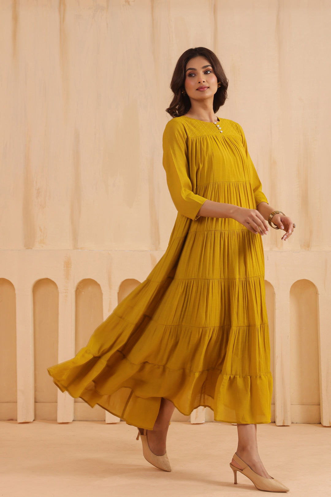 Mustard Mal Chanderi Embroidered Flared Long Dress