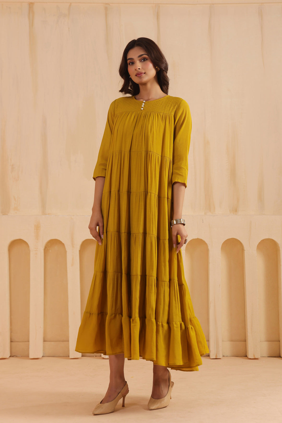 Mustard Mal Chanderi Embroidered Flared Long Dress