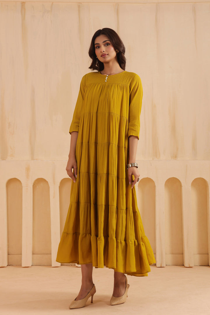 Mustard Mal Chanderi Embroidered Flared Long Dress