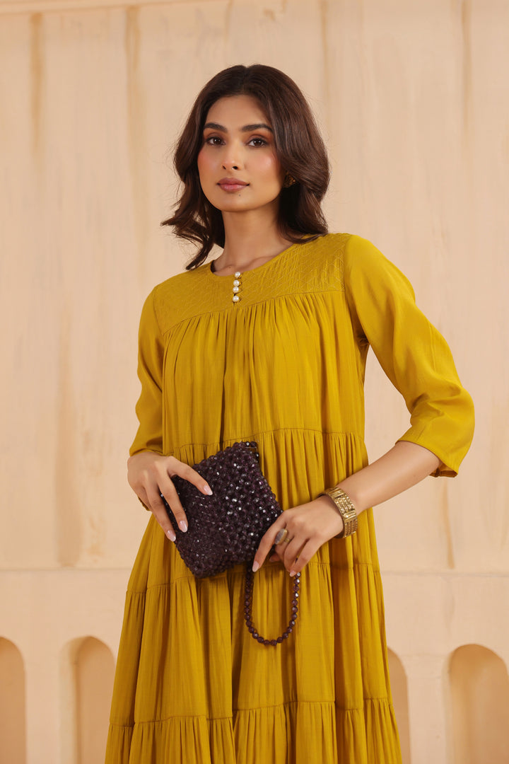 Mustard Mal Chanderi Embroidered Flared Long Dress