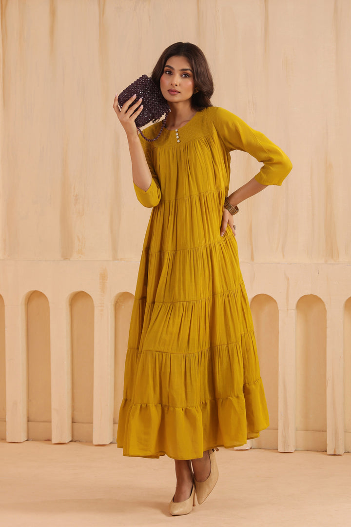 Mustard Mal Chanderi Embroidered Flared Long Dress