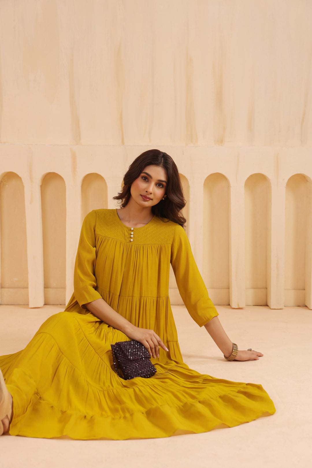Mustard Mal Chanderi Embroidered Flared Long Dress