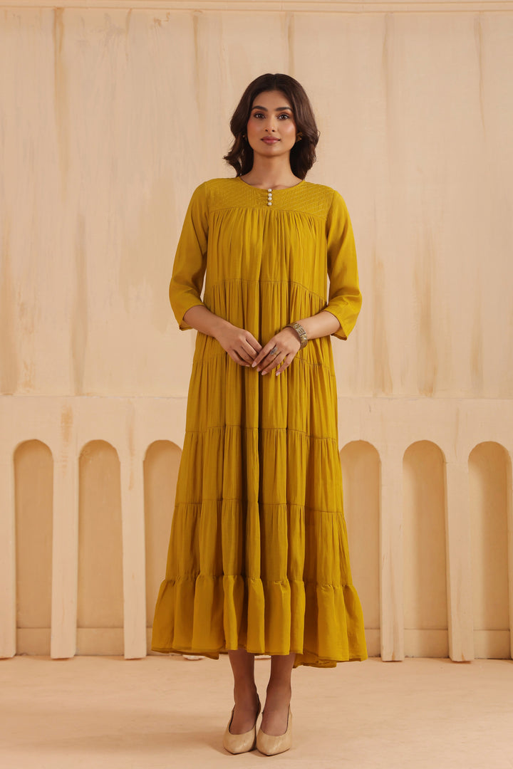 Mustard Mal Chanderi Embroidered Flared Long Dress